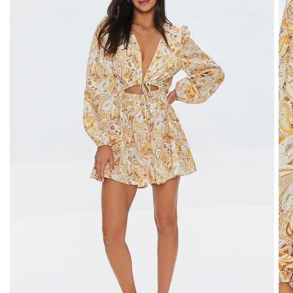 None Pants - New Paisley Print Cut Out Romper Shorts Sexy Yellow White Boho